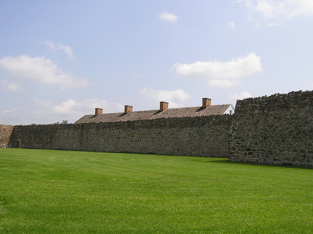 Stone walls and barracks roofs at Fort Frederick State Park